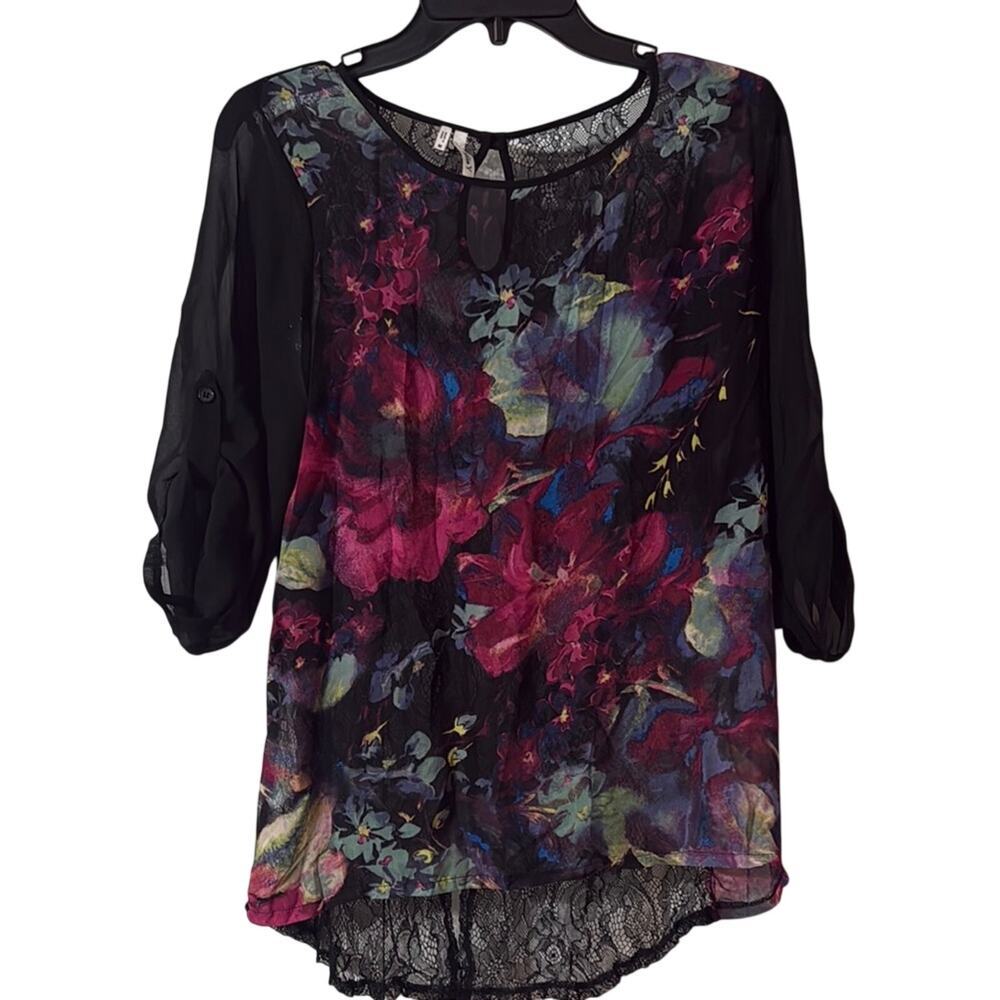 Studio Y Pink and Purple Asymmetrical Graphic Blouse Size M